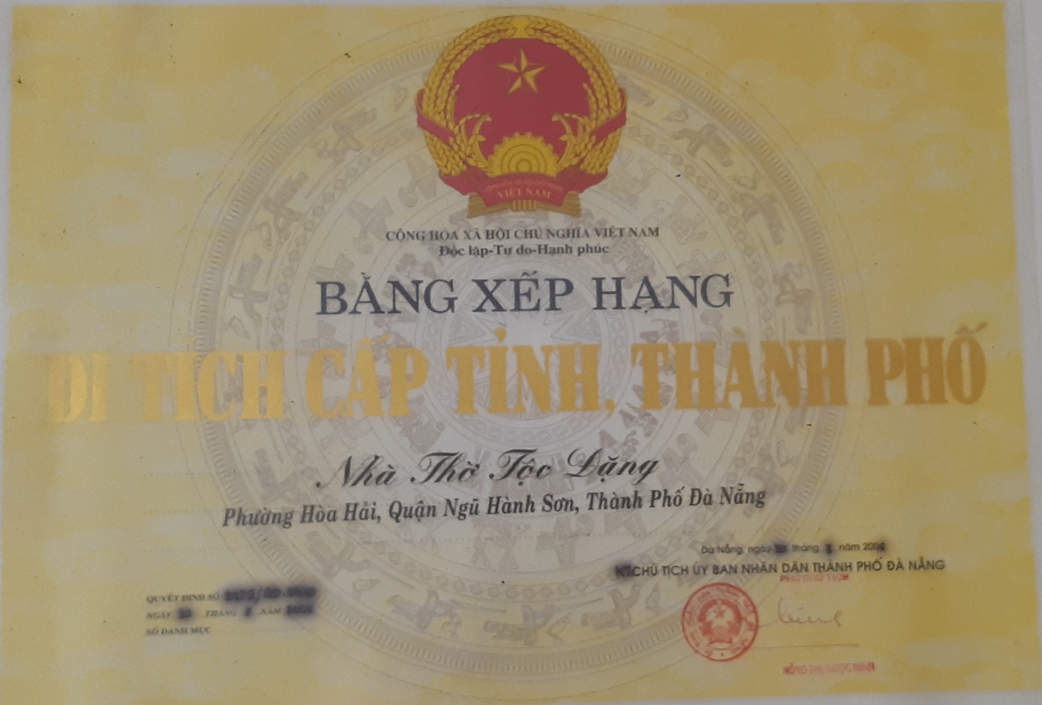 Quyết định xếp hạng di tích Nhà thờ Tộc Đặng